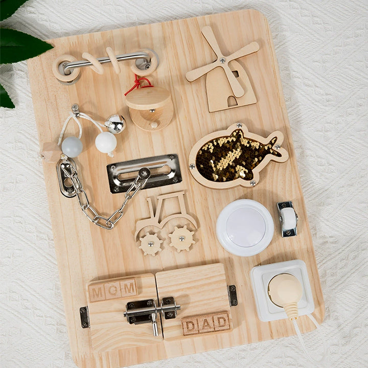 Montessori Sensory Board for Quiet Play - Natural Wood Busy Board