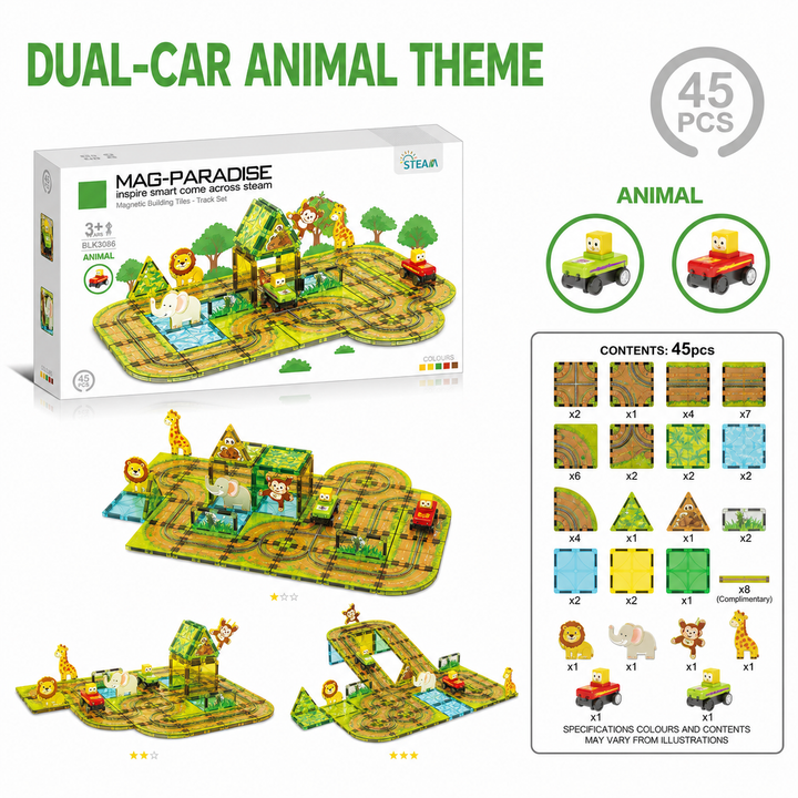 Magnetic Tiles Track &amp; Car Set – 45Pc Buildable Road Playset