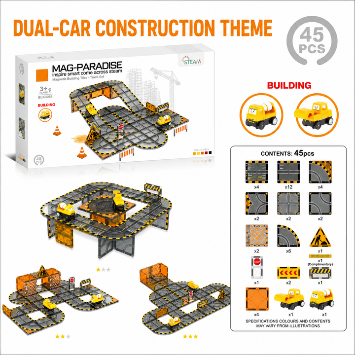 Magnetic Tiles Track &amp; Car Set – 45Pc Buildable Road Playset