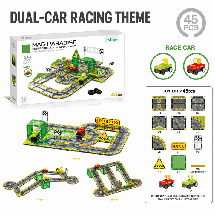 Magnetic Tiles Track &amp; Car Set – 45Pc Buildable Road Playset