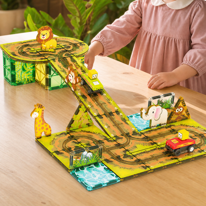 Magnetic Tiles Track &amp; Car Set – 45Pc Buildable Road Playset