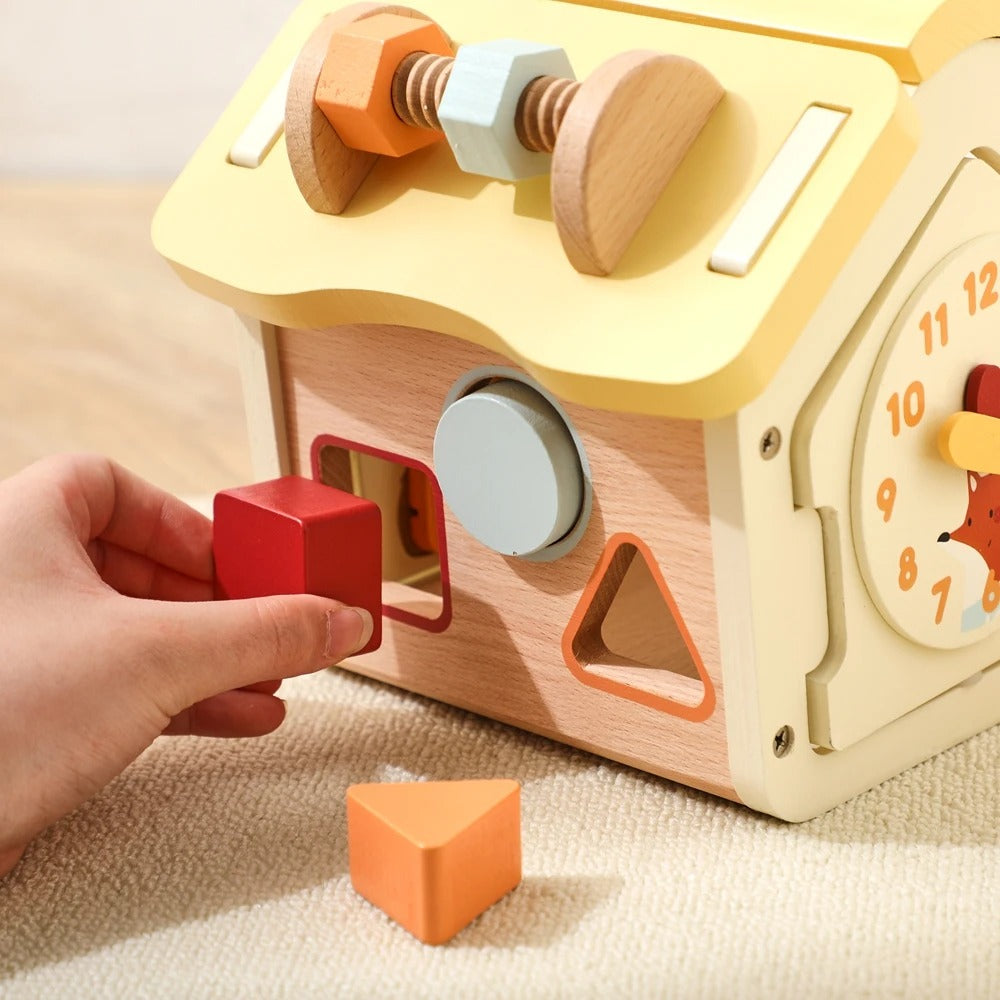 Montessori Wooden Busy Board House | Activity Cube with Detachable Roof