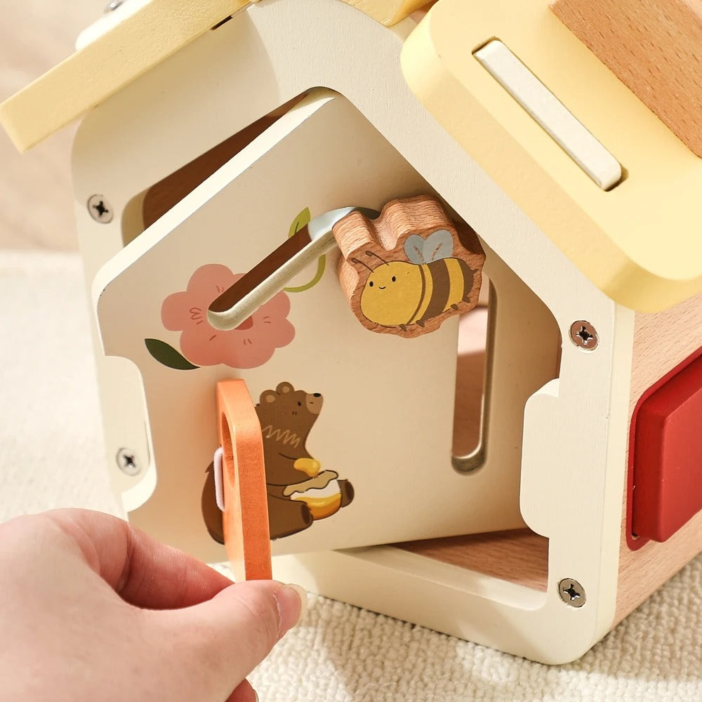 Montessori Wooden Busy Board House | Activity Cube with Detachable Roof