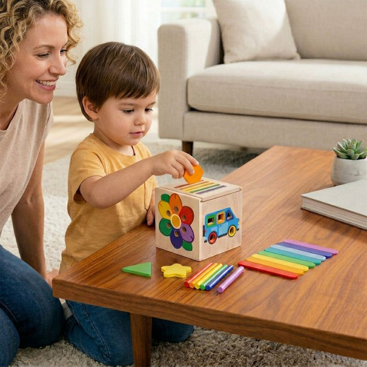 5-in-1 Wooden Sorting Activity Cube – Montessori Colour Match &amp; Fine Motor Toy Box