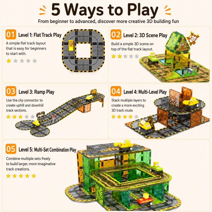 Magnetic Tiles Track &amp; Car Set – 45Pc Buildable Road Playset