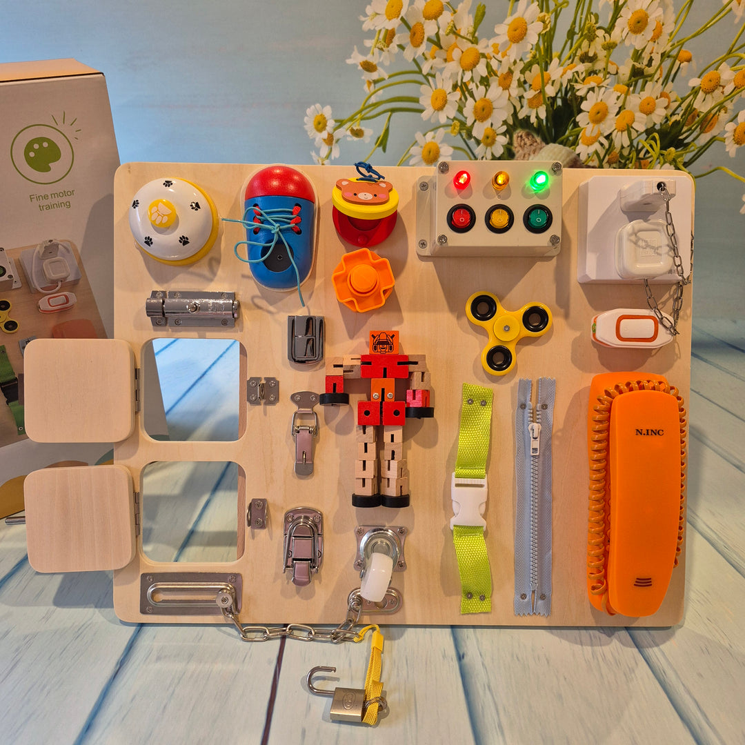 Montessori Wooden Busy Board Toddler Sensory Board Skill Toy 20 Widgets Educational Toy