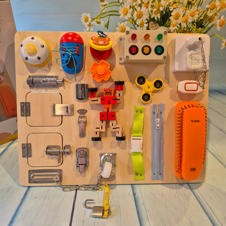 Montessori Wooden Busy Board Toddler Sensory Board Skill Toy 20 Widgets Educational Toy