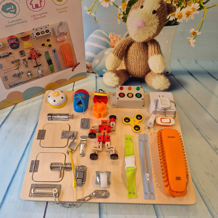 Montessori Wooden Busy Board Toddler Sensory Board Skill Toy 20 Widgets Educational Toy