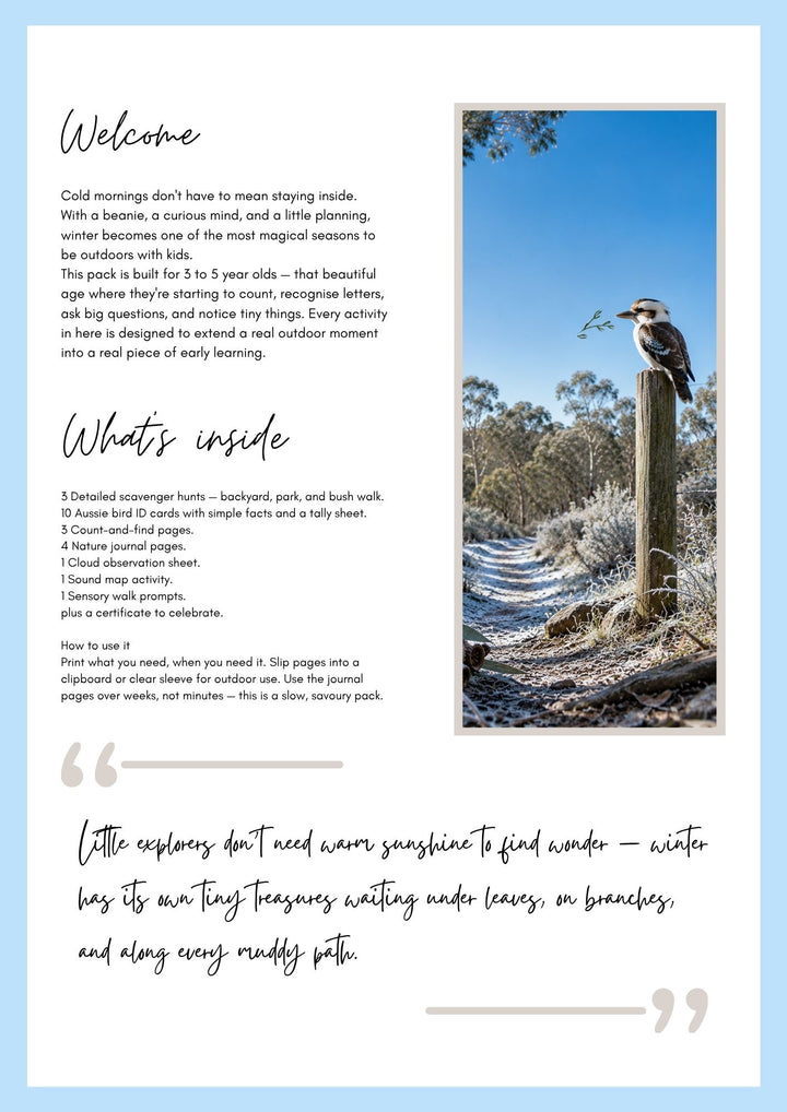 Winter Nature Explorer Pack | Australian Printable Nature Activities for Kids Ages 3–5