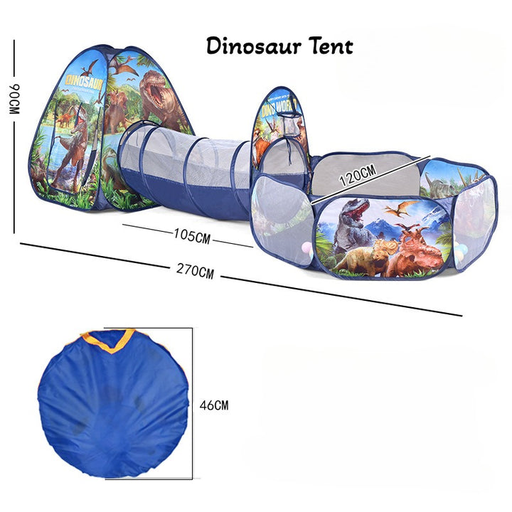 Dinosaur 3-in-1 kids play tent with tunnel and ball pit for foldable indoor and outdoor imaginative play