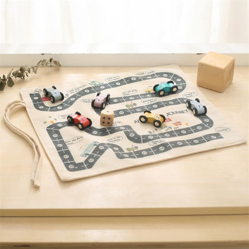 Ultimate Dual-Sided Roll-Up Canvas Playmat with Wooden Cars and Adventure Board Game