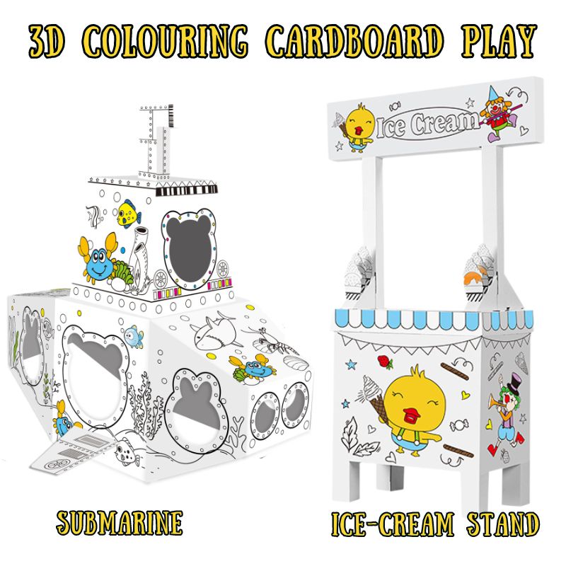 3D cardboard colouring play set for kids to colour and build submarine and ice cream role-play scenes