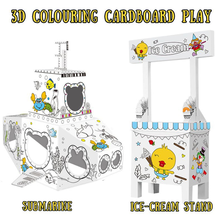 3D cardboard colouring play set for kids to colour and build submarine and ice cream role-play scenes