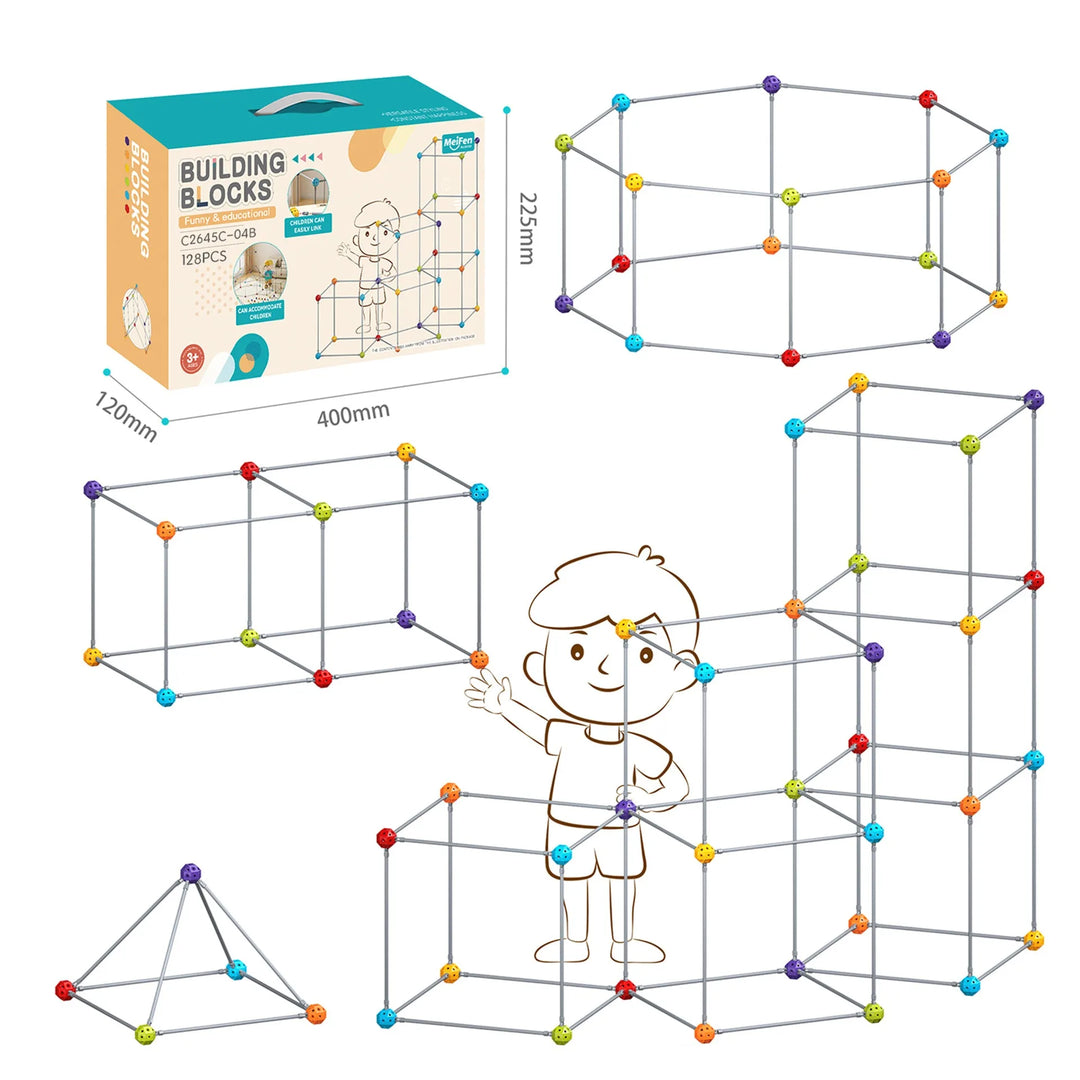 3D fort building set for kids with sticks and connectors for constructing dens and STEM play structures
