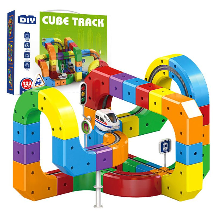 123-piece 3D interlocking train track set for kids building multi-level loops and bridges for a toy train