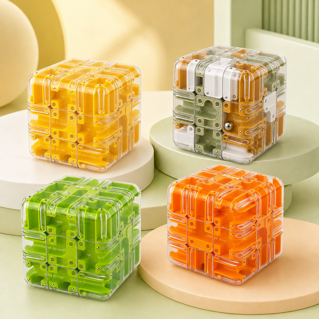 3D marble maze cube puzzle with twisting paths for kids guiding a marble through a handheld brain teaser