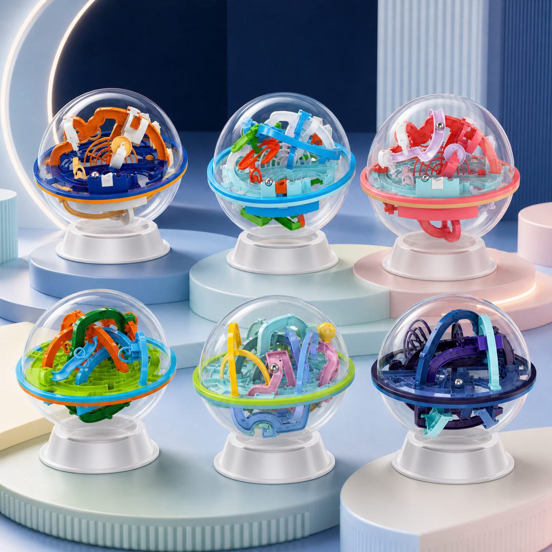 3D maze ball puzzle with a clear sphere and winding track for kids guiding a marble through a brain teaser