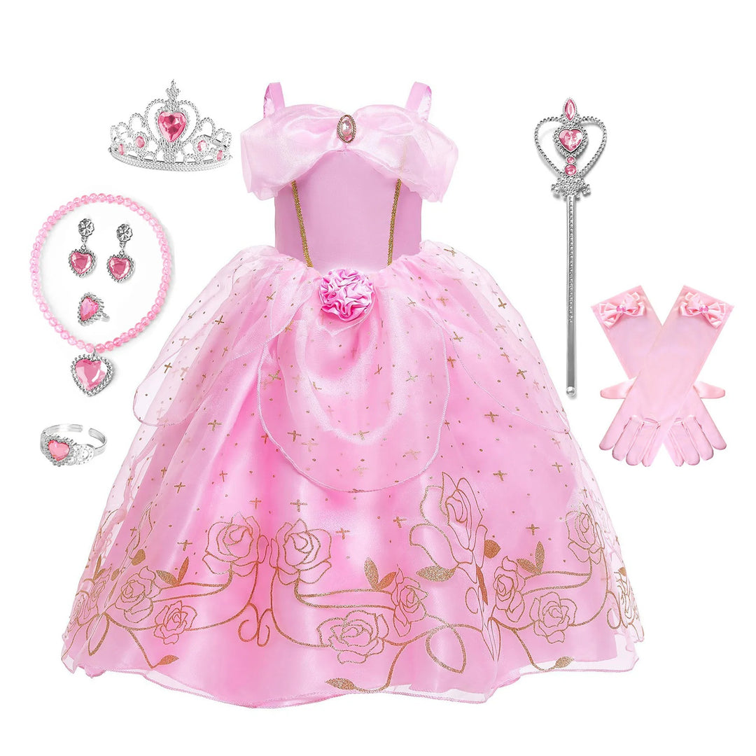 Girls Pink Princess Dress Up Costume Set – Fairy Tale Birthday Party Cosplay Outfit for Kids