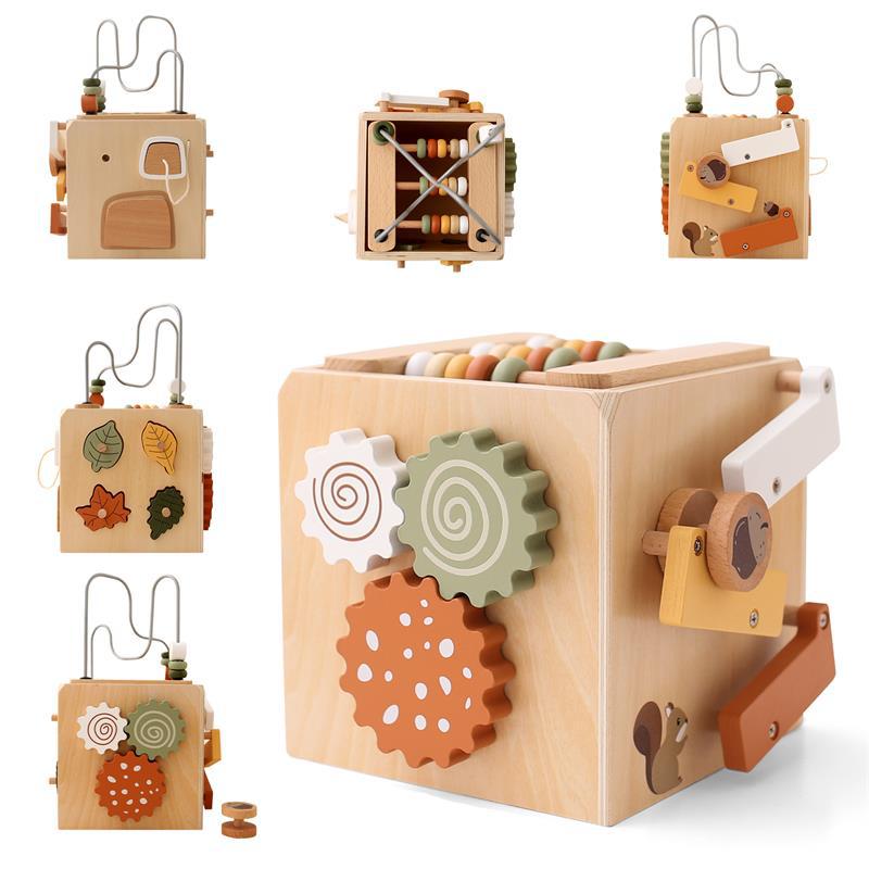 5-in-1 wooden activity toy box with gears, bead maze and shape sorter for toddler early learning play