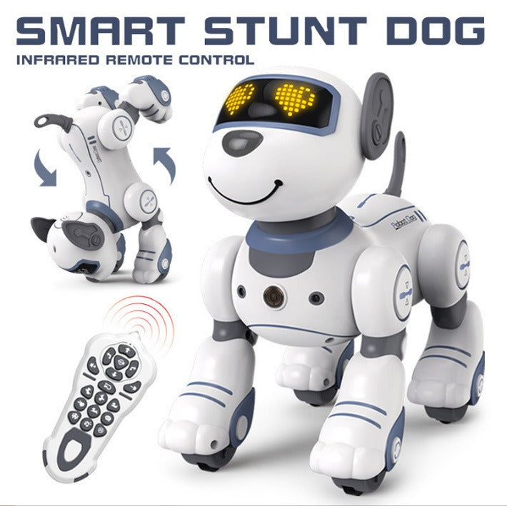 Close-up of smiling smart robot dog with infrared remote control, highlighting digital face with heart icons
