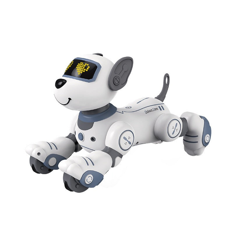 Robot dog in crawling pose with visible wheels under paws and articulated joints on white background