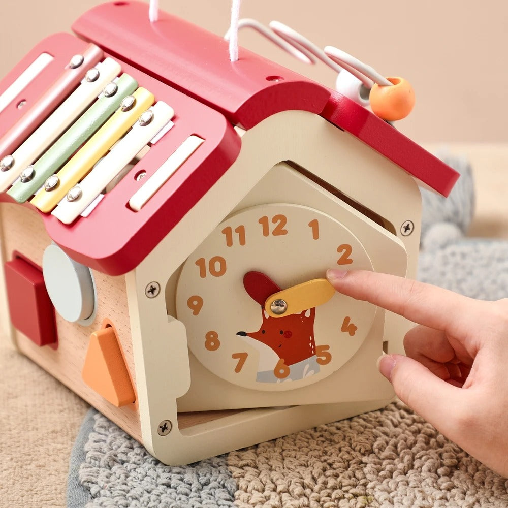 Montessori Wooden Busy Board House | Activity Cube with Detachable Roof