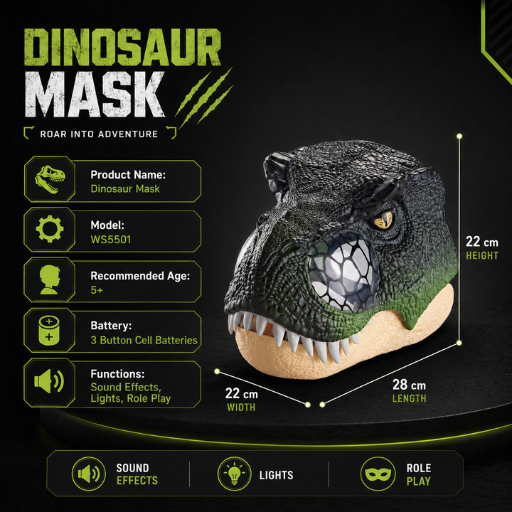 Kids Dinosaur Mask with Sound &amp; Lights – Realistic T-Rex Role Play Costume