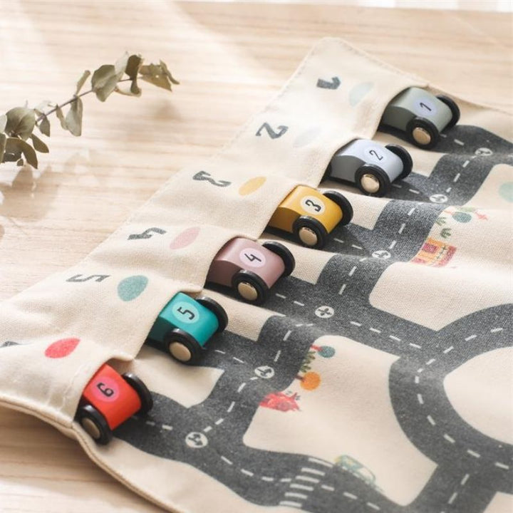 Ultimate Dual-Sided Roll-Up Canvas Playmat with Wooden Cars and Adventure Board Game