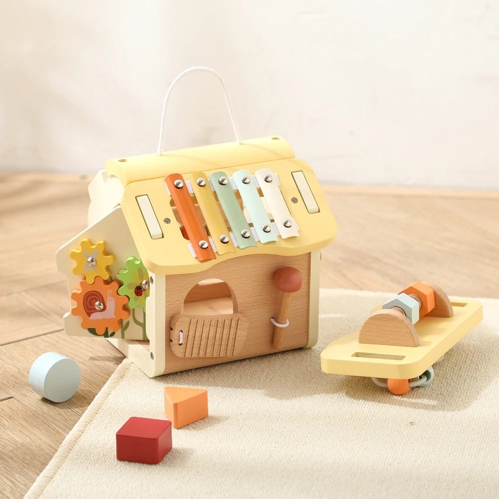 Montessori Wooden Busy Board House | Activity Cube with Detachable Roof