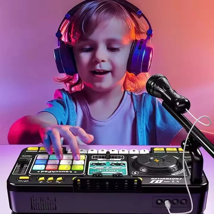 Kids DJ Mixer Music Toy Set with Microphone, Bluetooth, Launchpad, Keyboard & Light Effects – Electronic Music Mixing Table for Toddlers & Children