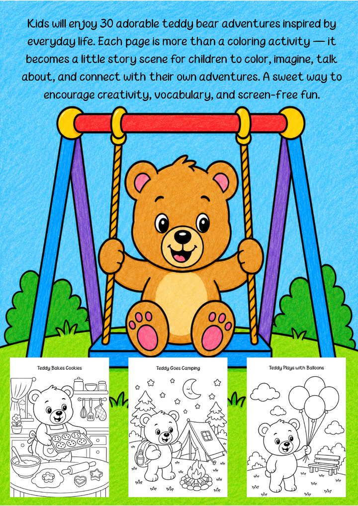 Teddy’s Happy Play Colouring Book | Printable Kids Colouring Pages PDF