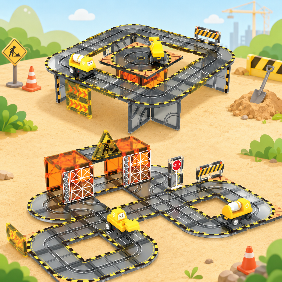 Magnetic Tiles Track &amp; Car Set – 45Pc Buildable Road Playset