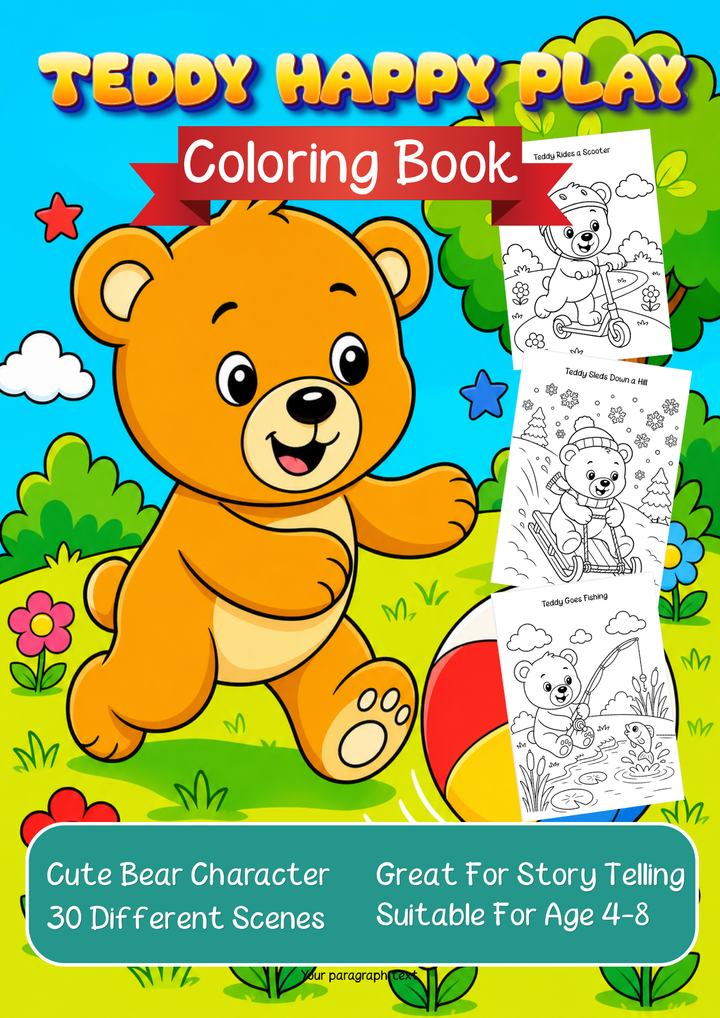 Teddy’s Happy Play Colouring Book | Printable Kids Colouring Pages PDF