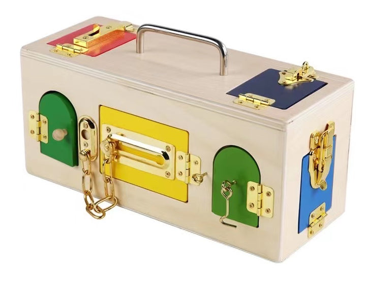 Montessori Wooden Latch and Lock Treasure Box 10 Open Doors Toy