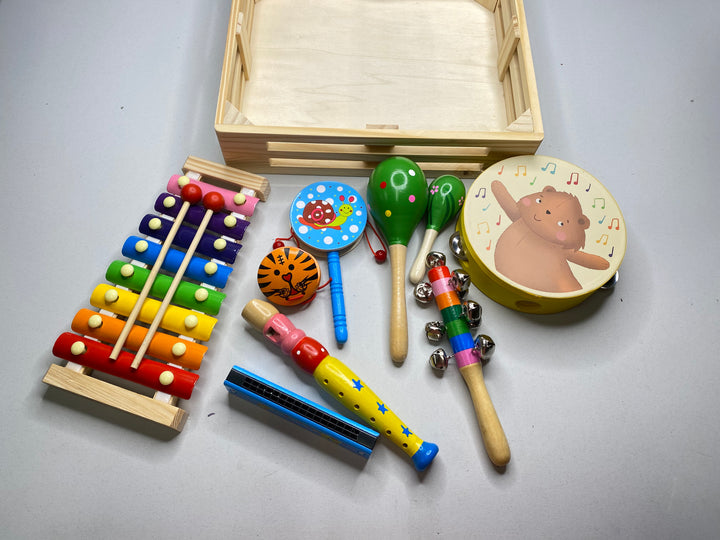 Wooden Musical Instruments Set in Crate