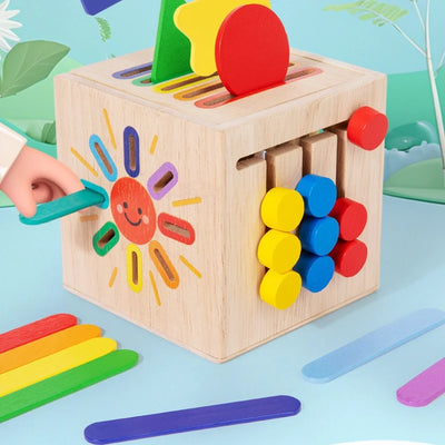 5-in-1 Wooden Sorting Activity Cube – Montessori Colour Match & Fine Motor Toy Box