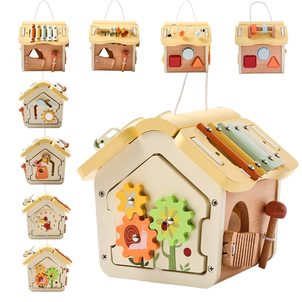Montessori Wooden Busy Board House | Activity Cube with Detachable Roof