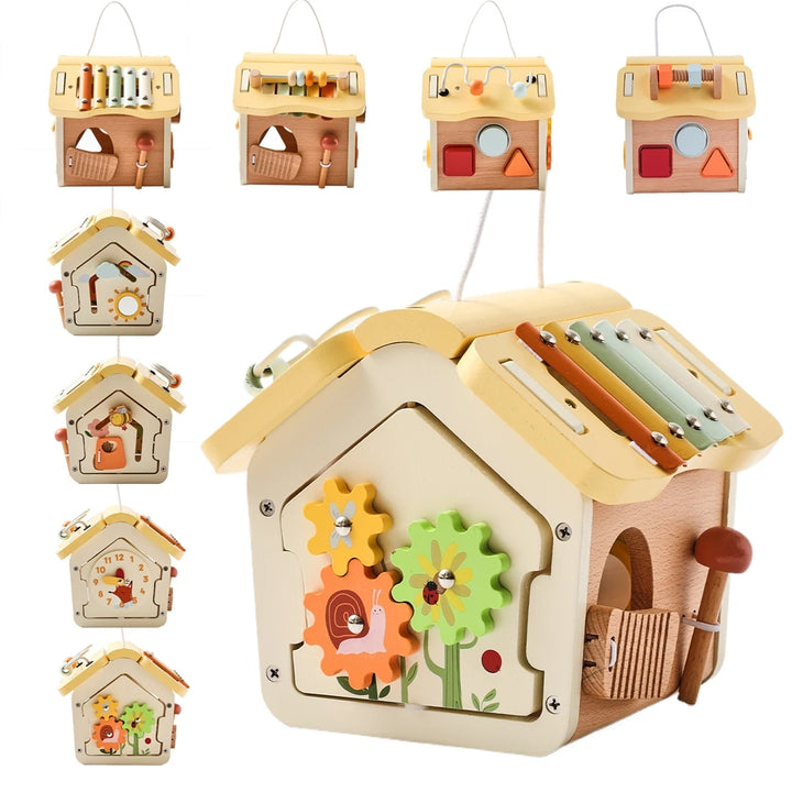 Montessori Wooden Busy Board House | Activity Cube with Detachable Roof