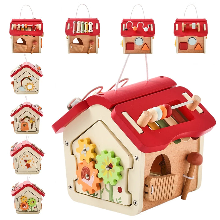 Montessori Wooden Busy Board House | Activity Cube with Detachable Roof