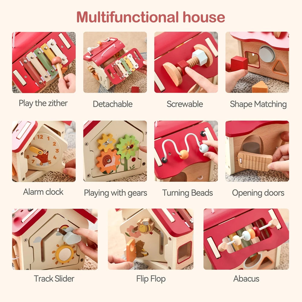 Montessori Wooden Busy Board House | Activity Cube with Detachable Roof
