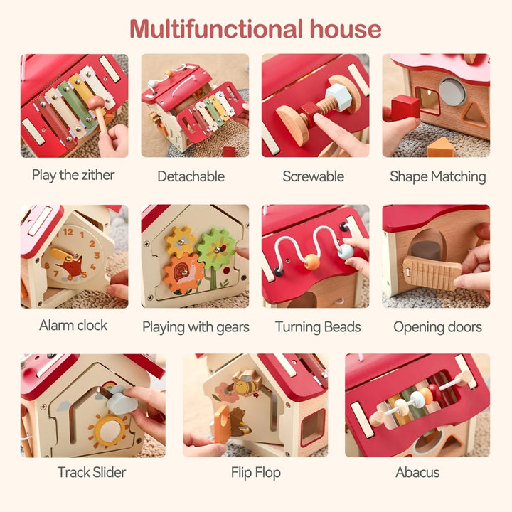Montessori Wooden Busy Board House | Activity Cube with Detachable Roof