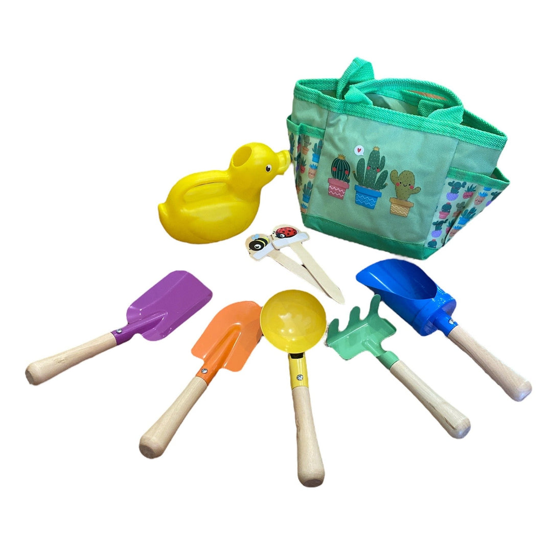All-season kids gardening tool set with child-sized rake, spade and trowel for outdoor nature and sand play
