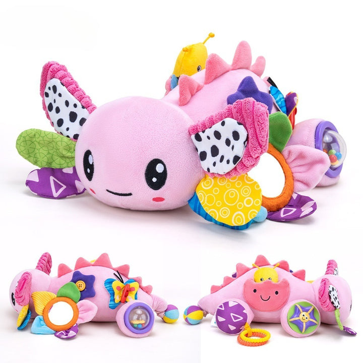 Soft axolotl baby sensory plush with crinkle, squeak and textures for tummy time and early motor play