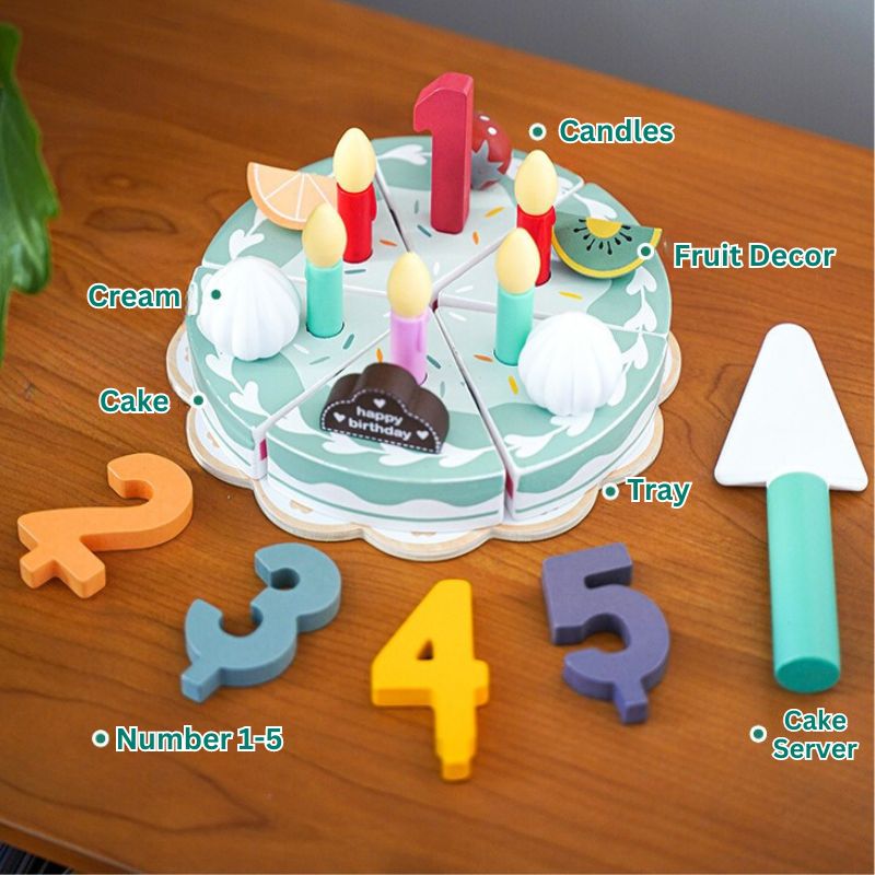Birthday cake pretend play set for kids celebrating make-believe parties with sliceable cake and candles