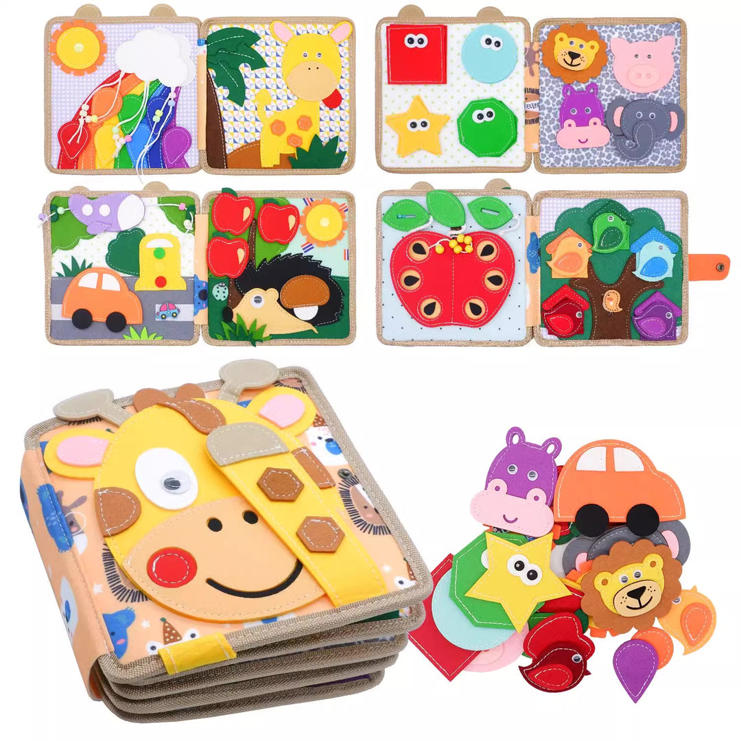 Friendly giraffe felt quiet book for toddlers with interactive pages for quiet play and fine motor learning