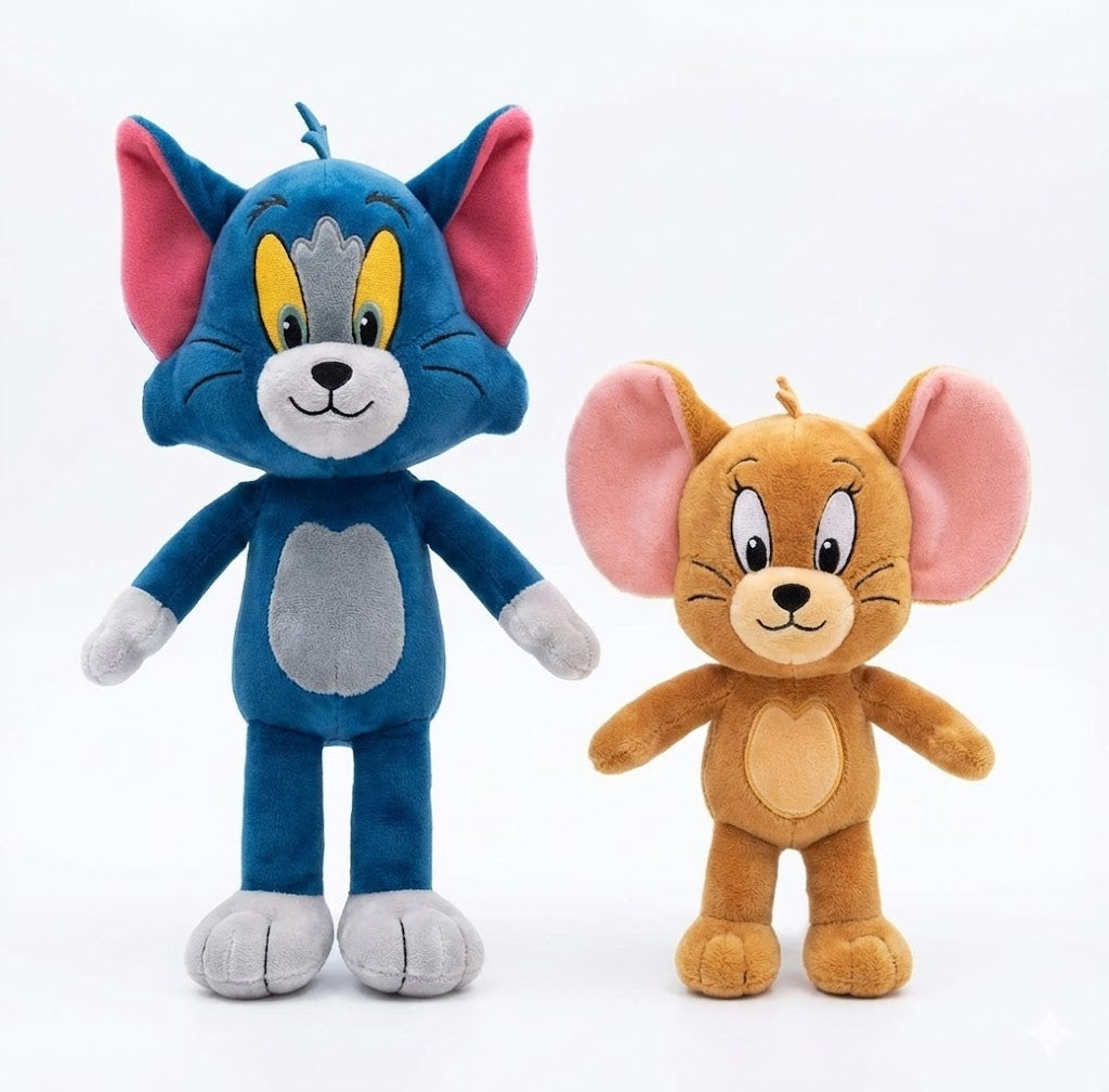 Soft stuffed cartoon cat and mouse plush toy set for kids and collectors, perfect for cuddles and gifting