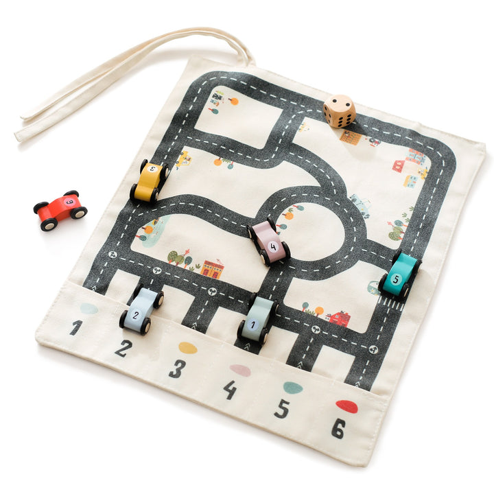 Ultimate Dual-Sided Roll-Up Canvas Playmat with Wooden Cars and Adventure Board Game