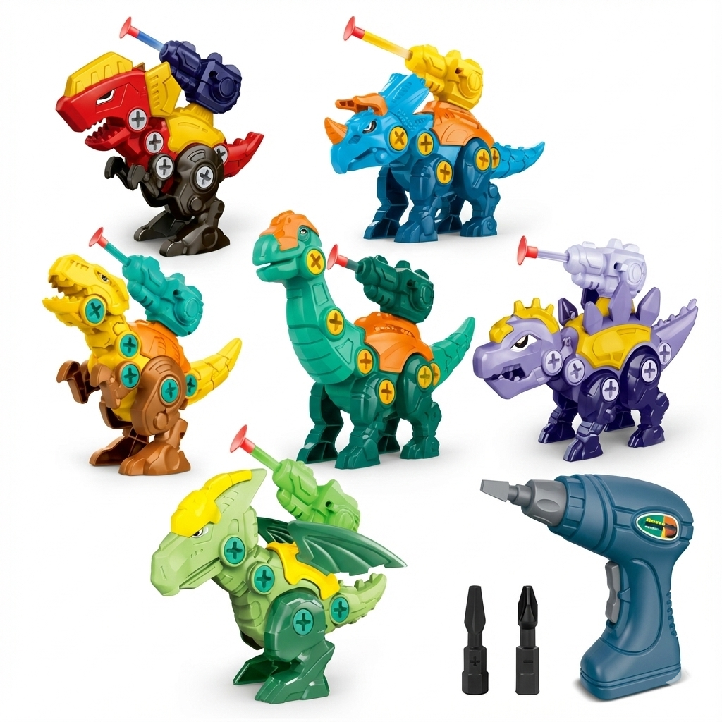 Dino Builder Blast 6-piece set of buildable dinosaur toys for kids assembling and playing with action figures