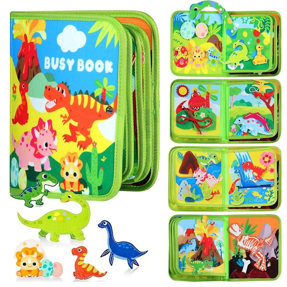 Dinosaur felt busy book for toddlers with zips, buttons and Velcro activities for travel and quiet play