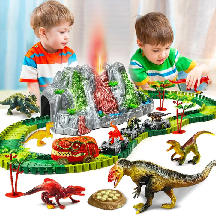 Dinosaur train track set with glowing volcano mist, lights and sound for kids&